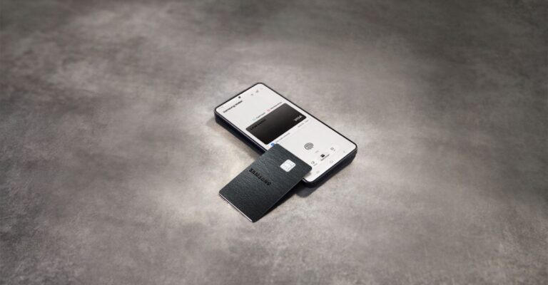 Samsung Galaxy Card beside a Galaxy phone showing Samsung Wallet