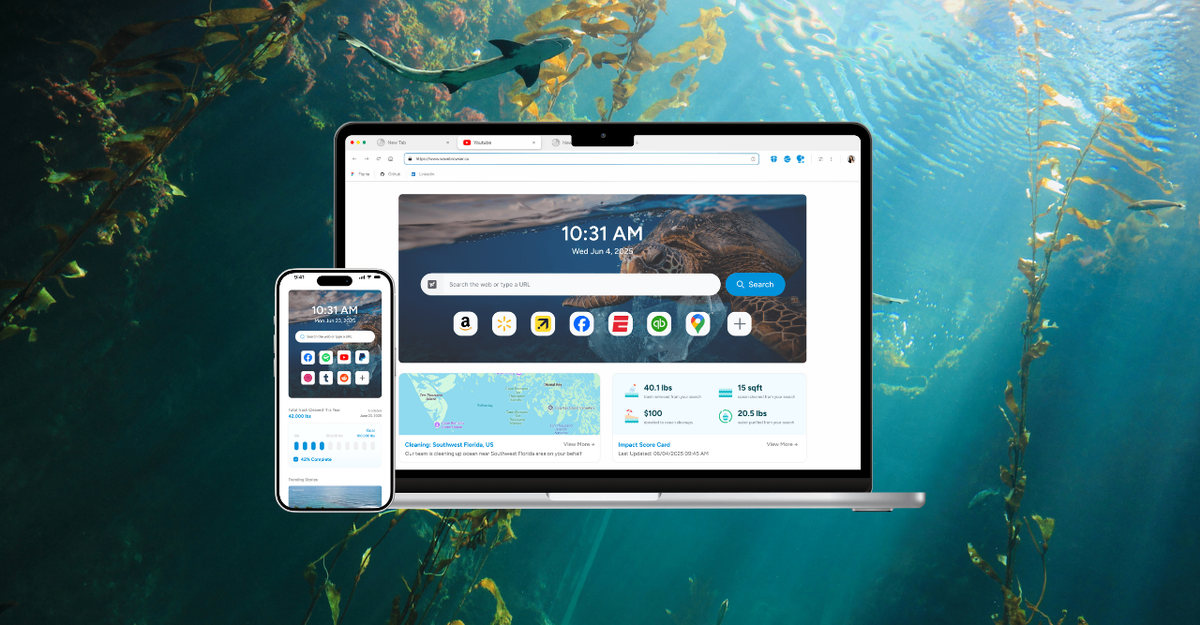 Wave Browser displayed on an iPhone and MacBook against an underwater background