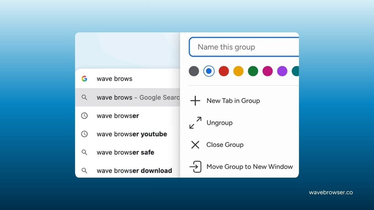 Wave Browser tab group menu for organizing related tabs
