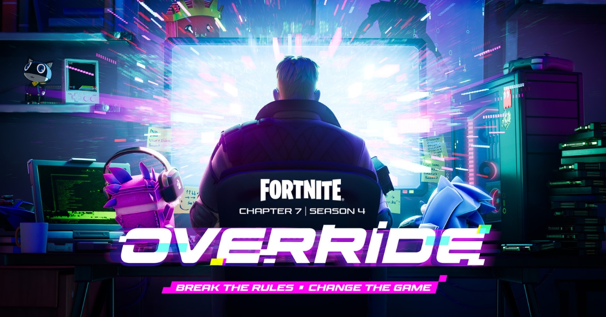 Back view of a gamer in a padded jacket seated at a futuristic desk, neon blue/pink light bursting from a large screen, with Fortnite Override promotional text and the tagline 'Break the rules • Change the game'