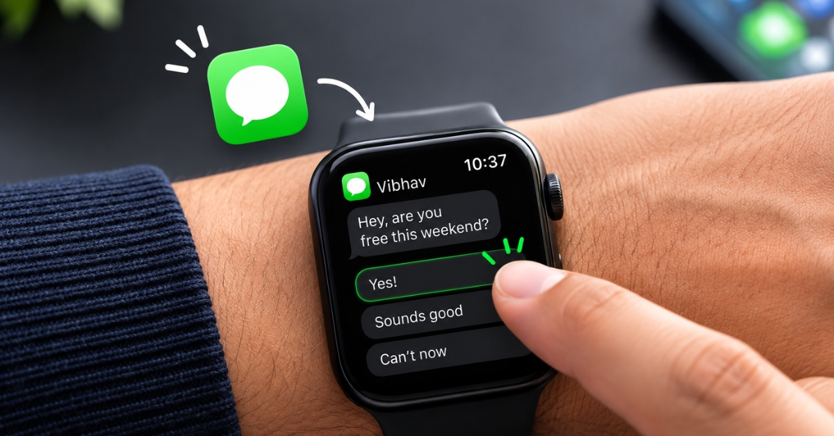 Smartwatch screen showing a chat from Vibhav: 'Hey, are you free this weekend?' with quick replies, user taps 'Yes!'.