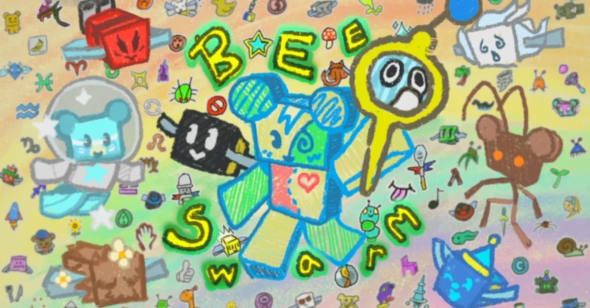 Whimsical collage of playful robots, aliens, and doodles with a central blue robot and a yellow key-like figure.