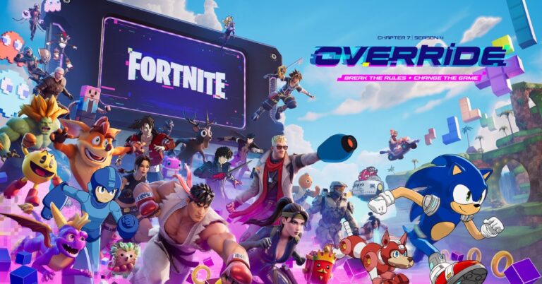 Collage of Fortnite characters in action around a large screen that says 'FORTNITE' in neon letters.