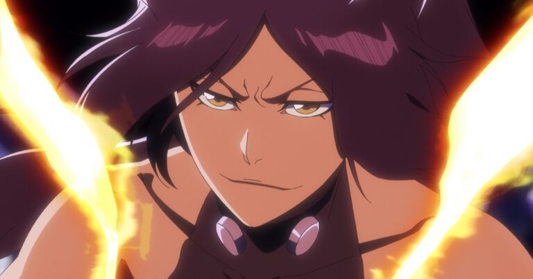 Close-up of a confident anime fighter with a smirk, intense eyes, and fiery energy swirling around.