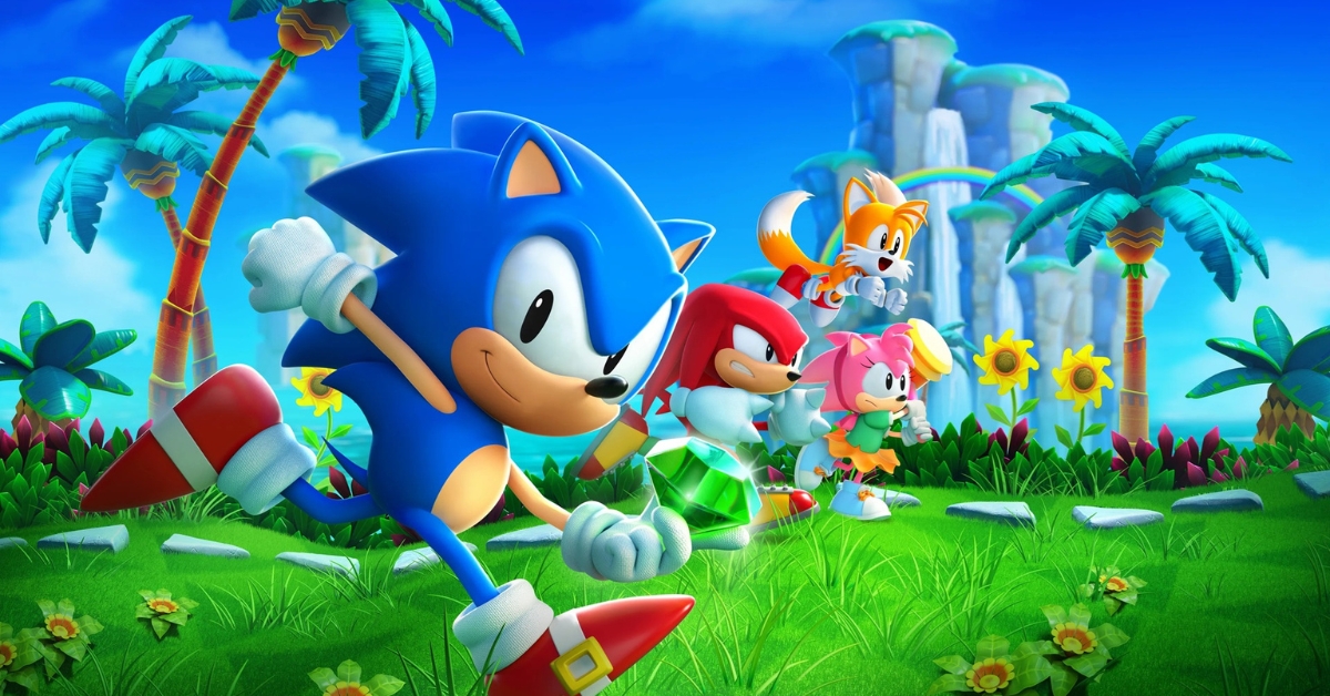 Sonic the Hedgehog runs with friends through a bright tropical landscape, gripping a glowing green gem in a sunny, cartoon world.