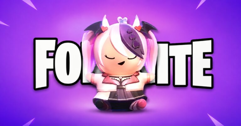 Chibi Fortnite character with pink hair sits in front of a bold 'FORTNITE' title on a purple background.