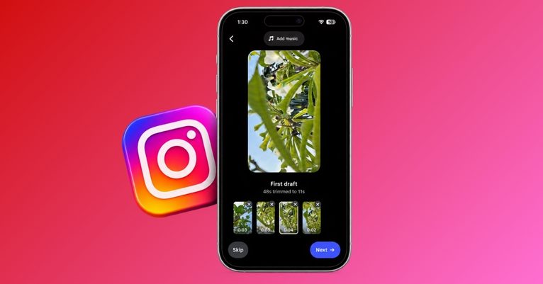 iPhone displaying Instagram story editing screen with a leafy plant image and a series of draft clips at the bottom