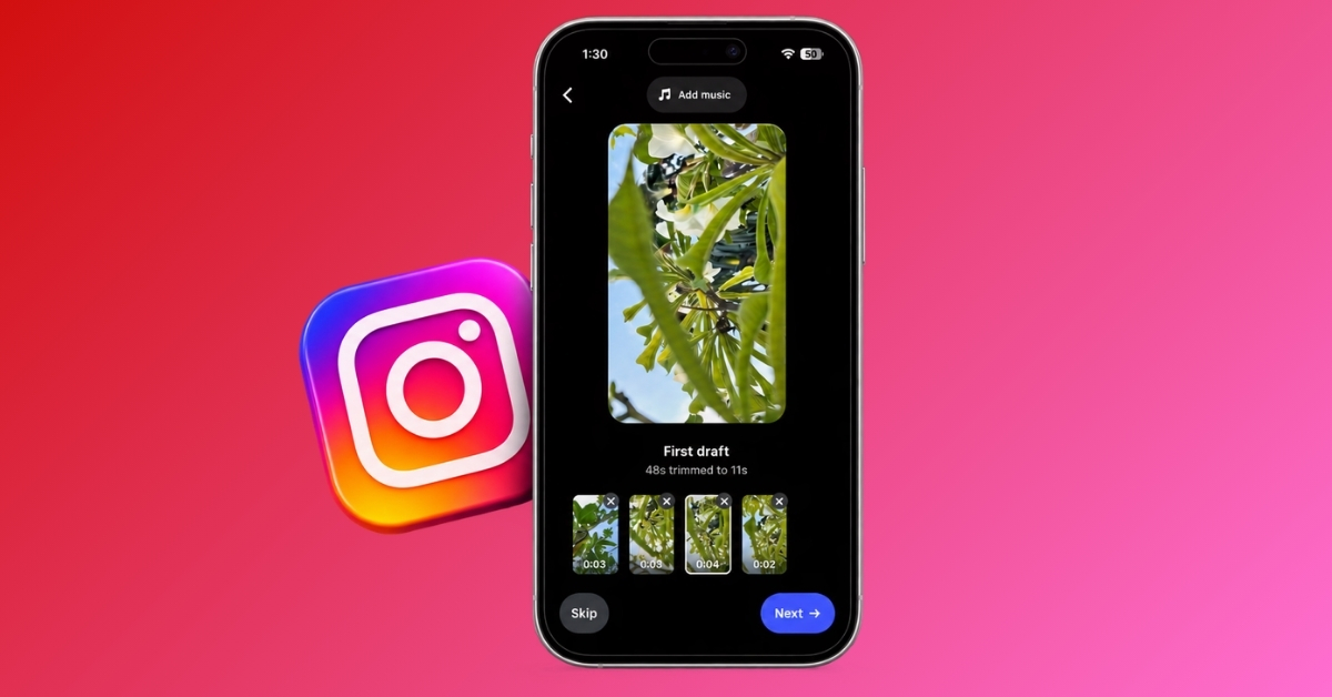 iPhone displaying Instagram story editing screen with a leafy plant image and a series of draft clips at the bottom