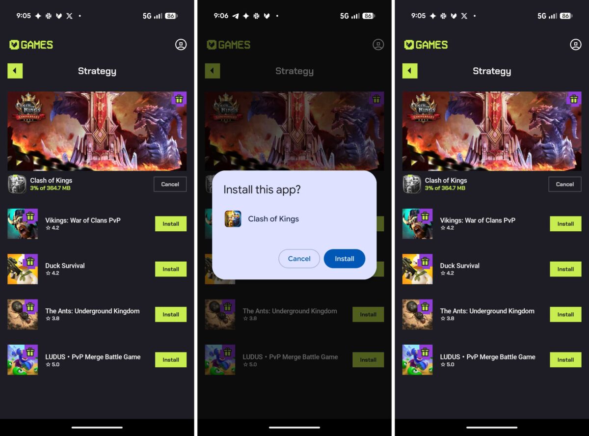 Mobile app store page showing Strategy games with thumbnails and Install buttons on a dark theme.