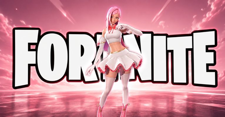 Fortnite logo in bold white letters with a pink sky; a white-and-pink-clad character stands center, posing confidently.