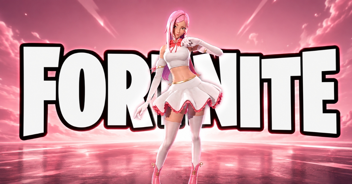 Fortnite logo in bold white letters with a pink sky; a white-and-pink-clad character stands center, posing confidently.
