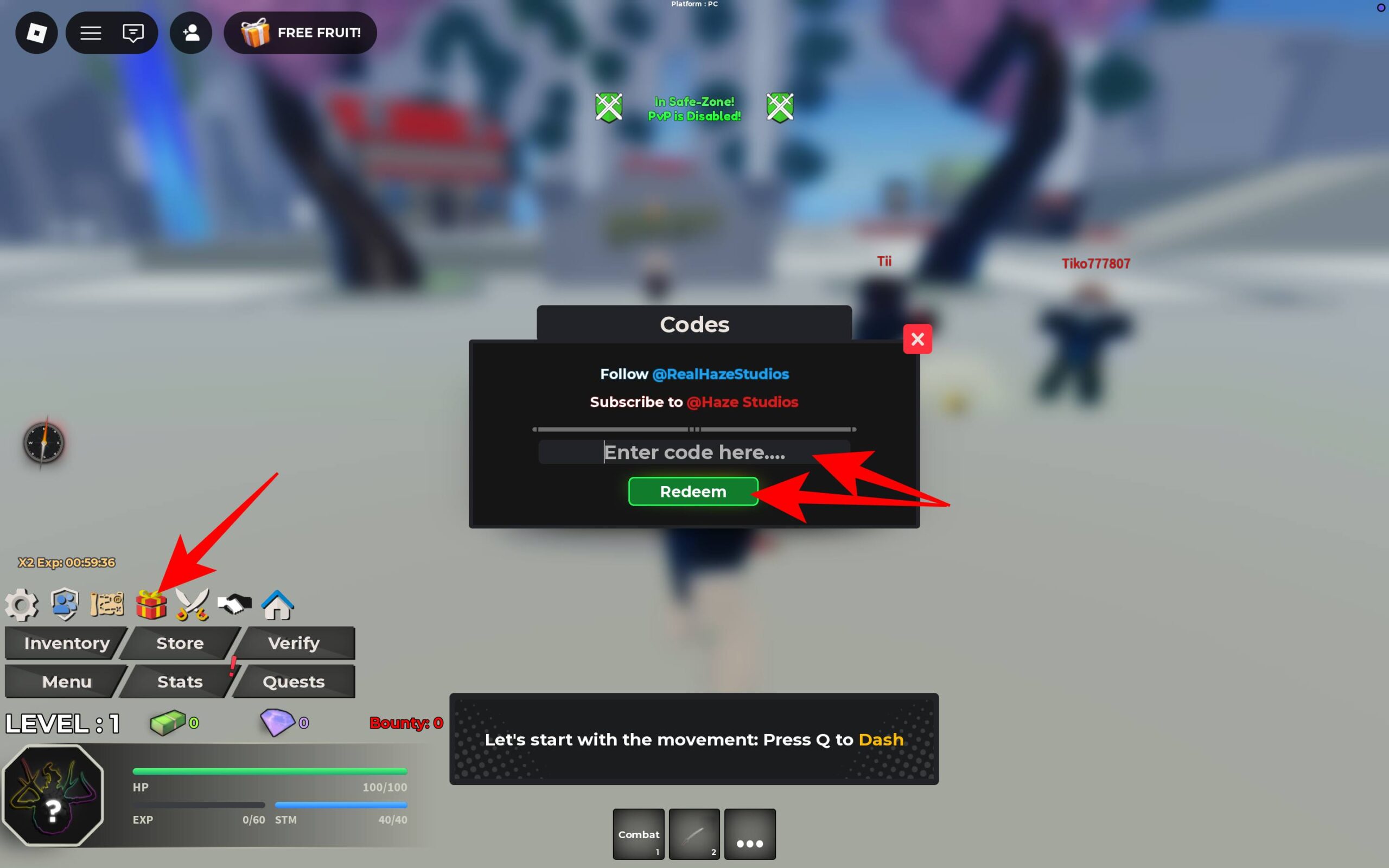 Select the gift icon and Paste a code