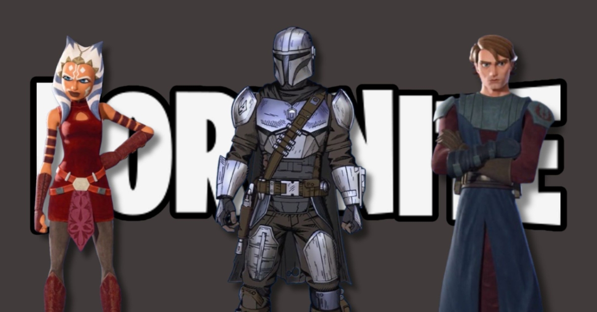 Three stylized sci‑fi characters stand in front of bold white letters on a dark background: a red-clad Togruta on the left, a silver-armored Mandalorian in the center, and a blue-robed Jedi on the right.