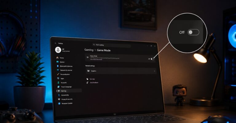 Laptop screen shows Windows Settings: Gaming > Game Mode with the toggle set to Off (emphasized).