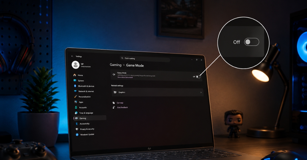 Laptop screen shows Windows Settings: Gaming > Game Mode with the toggle set to Off (emphasized).