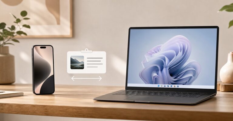 iPhone and Windows laptop with a shared clipboard and two-way transfer arrows