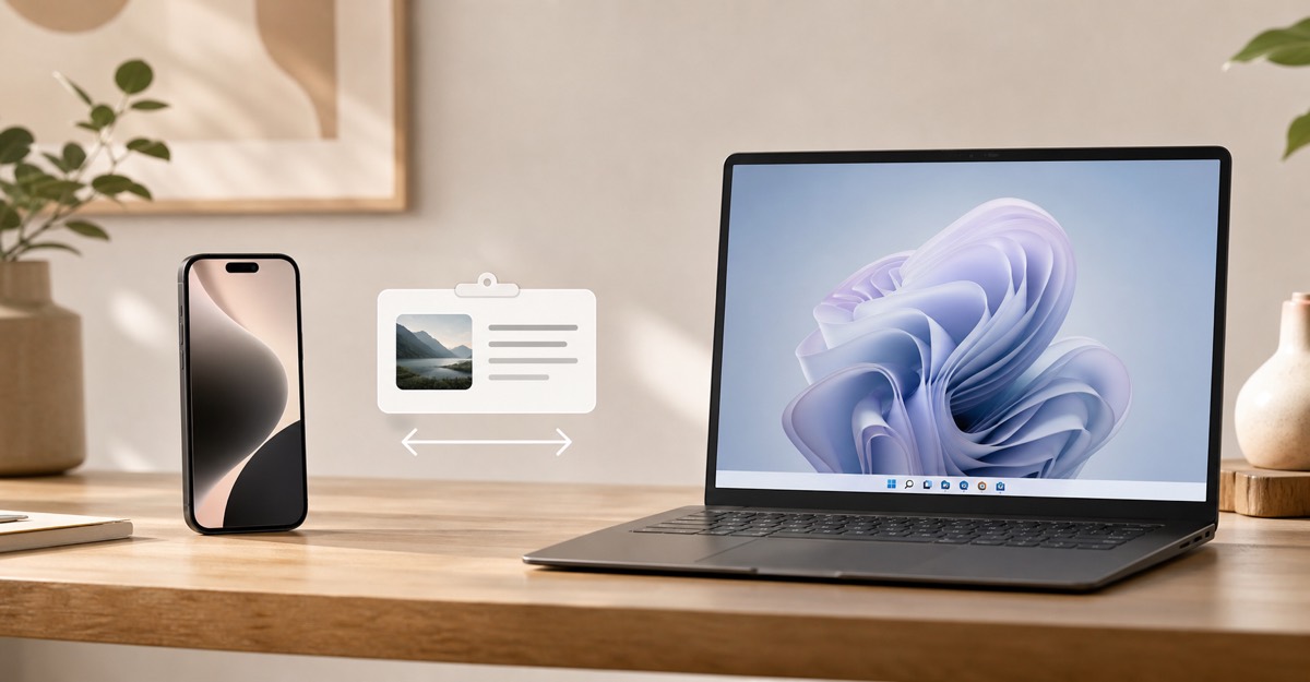 iPhone and Windows laptop with a shared clipboard and two-way transfer arrows