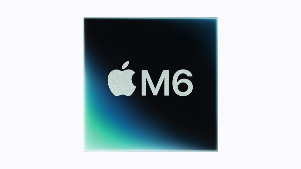 Square gradient graphic featuring an Apple logo with the text'M6' in pale, textured letters against a dark background with a cyan glow edge.