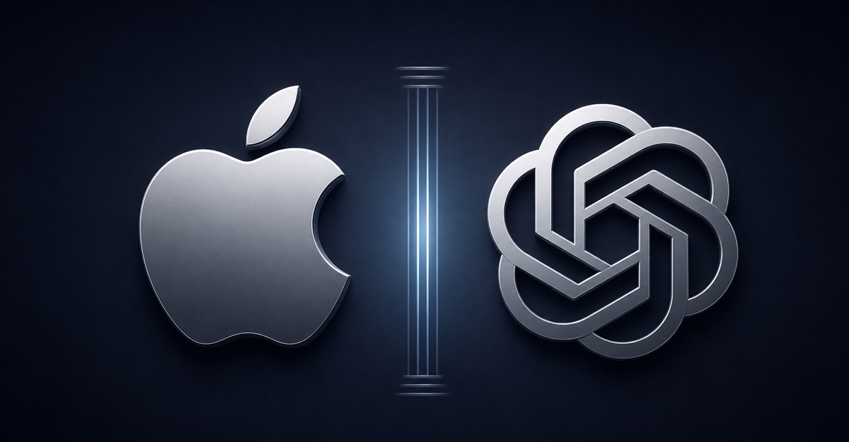 Apple and OpenAI logos facing each other in a legal dispute