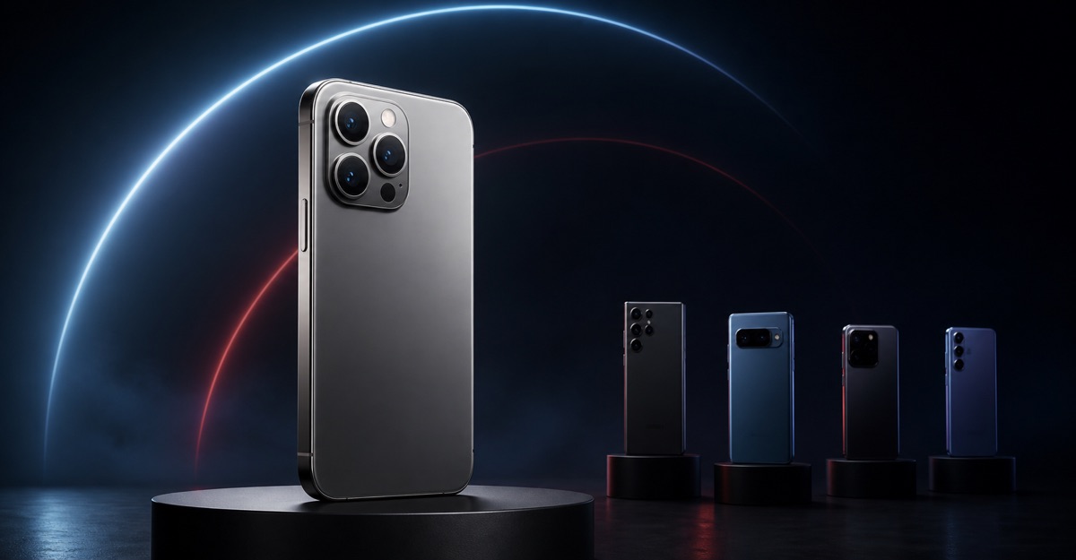 A dominant premium smartphone displayed above four smaller competing flagship phones.
