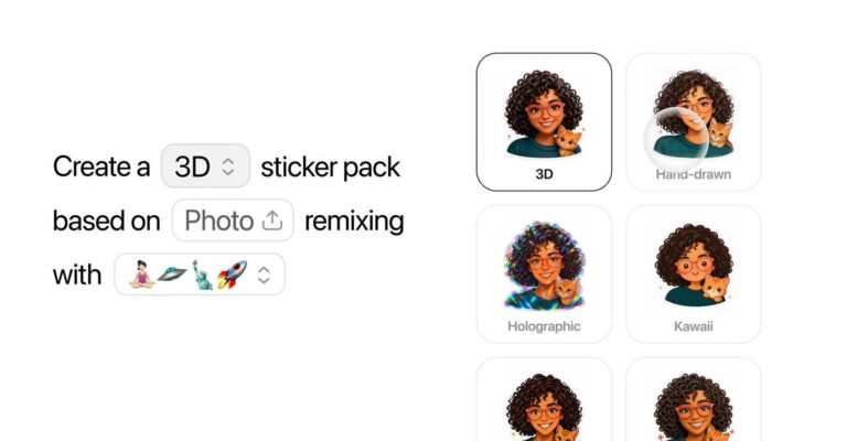 ChatGPT sticker tool showing 3D sticker pack styles and photo remixing options.