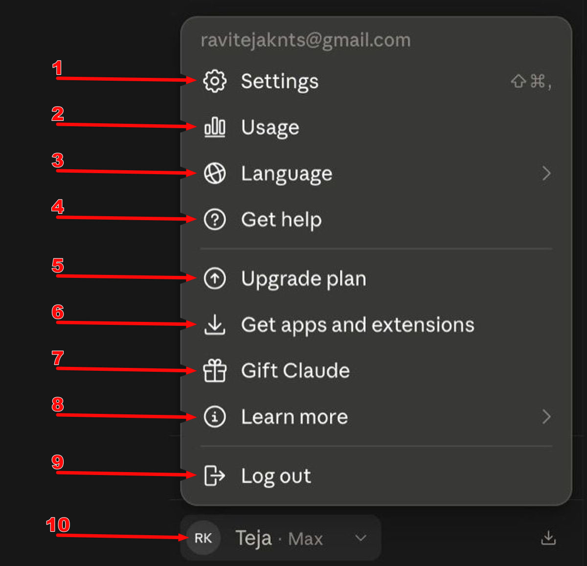 Numbered arrows identifying icons in Claude's account menu