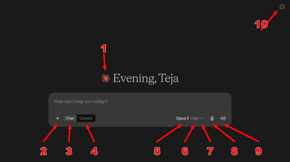 Numbered arrows identifying icons in the Claude chat composer