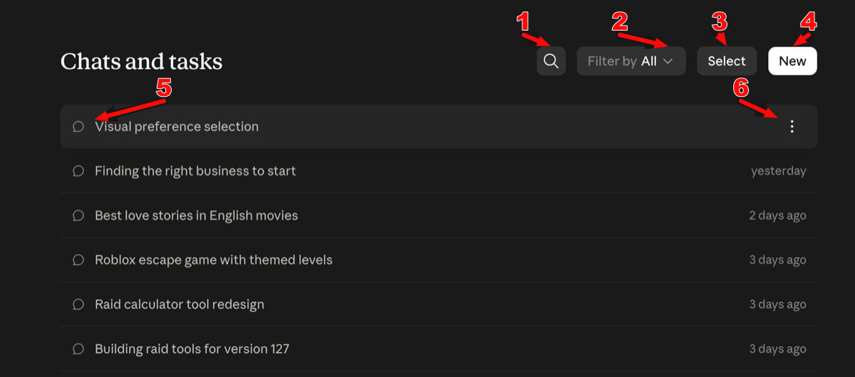 Numbered arrows identifying controls on Claude's Chats and tasks page