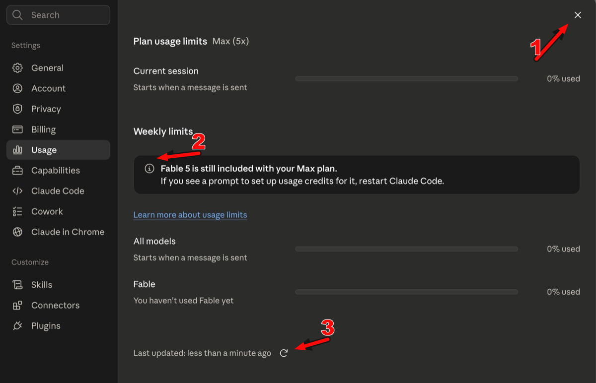 Numbered arrows identifying Close, information, and refresh symbols on a Claude Settings page
