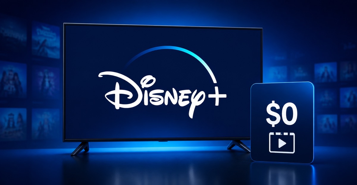 Disney+ displayed on a television beside a $0 streaming card