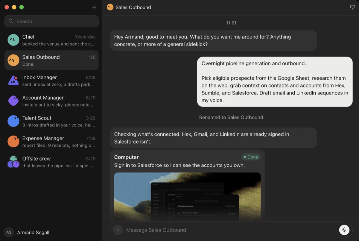 Grok Bot Sales Outbound agent working with Google Sheets, Hex, Salesforce, Gmail, and LinkedIn