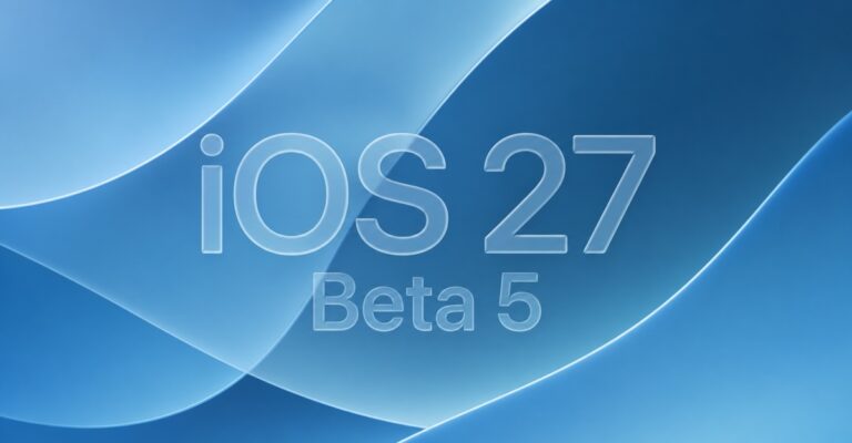 Frosted iOS 27 Beta 5 text on a layered blue Liquid Glass wallpaper