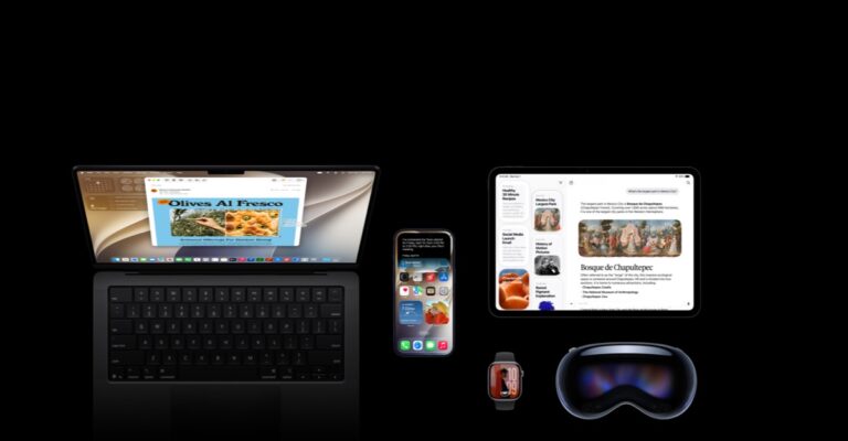 Apple's iOS 27 Siri AI experience shown across MacBook, iPhone, iPad, Apple Watch, and Vision Pro.