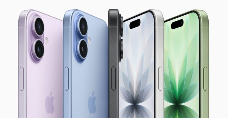 Apple's iPhone 17 color lineup in lavender, mist blue, black, white, and sage