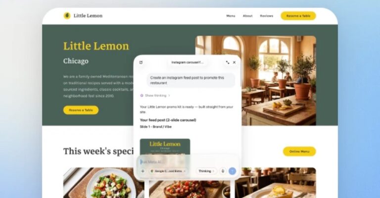 Meta AI assistant window over a small-business website on Mac