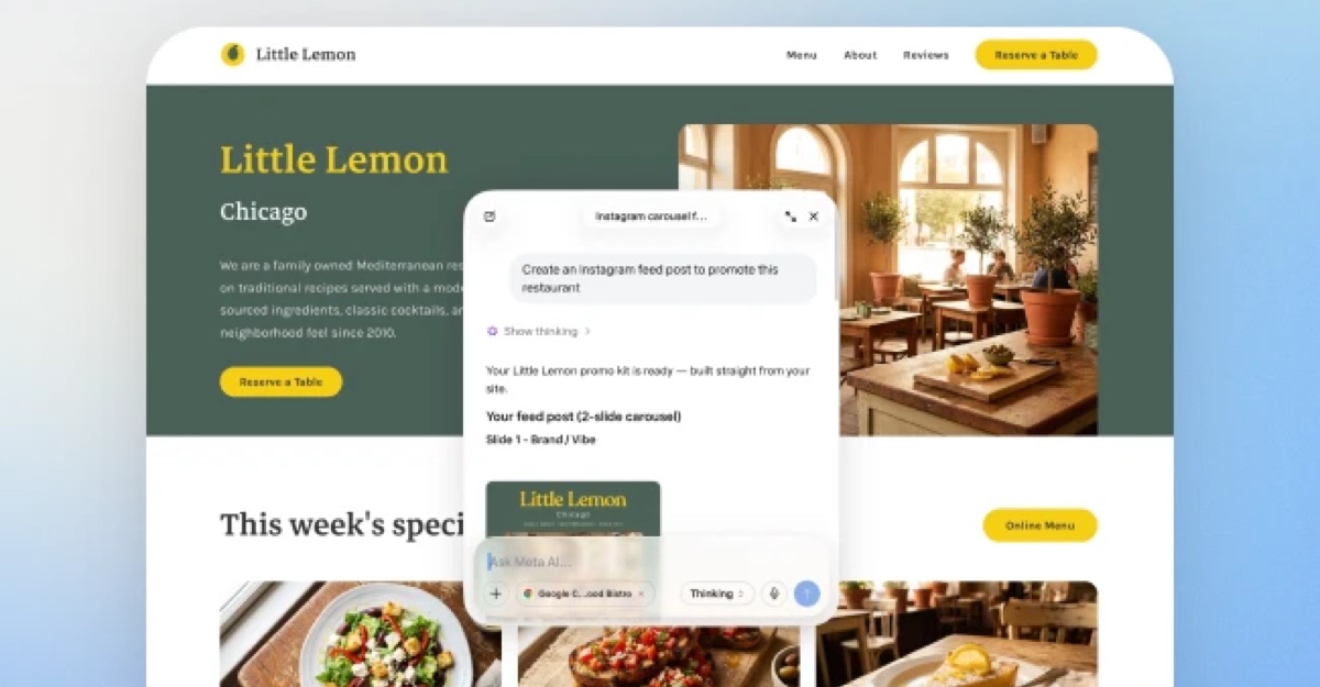 Meta AI assistant window over a small-business website on Mac