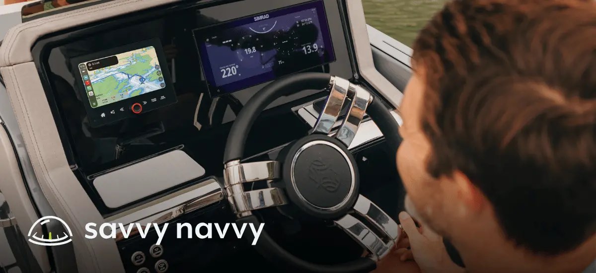 Savvy Navvy navigation app displayed at the helm of a pontoon boat