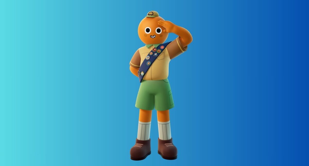 Cartoon scout character with orange skin saluting, wearing a beige shirt, green shorts, a blue sash with badges, and brown boots against a blue gradient background.