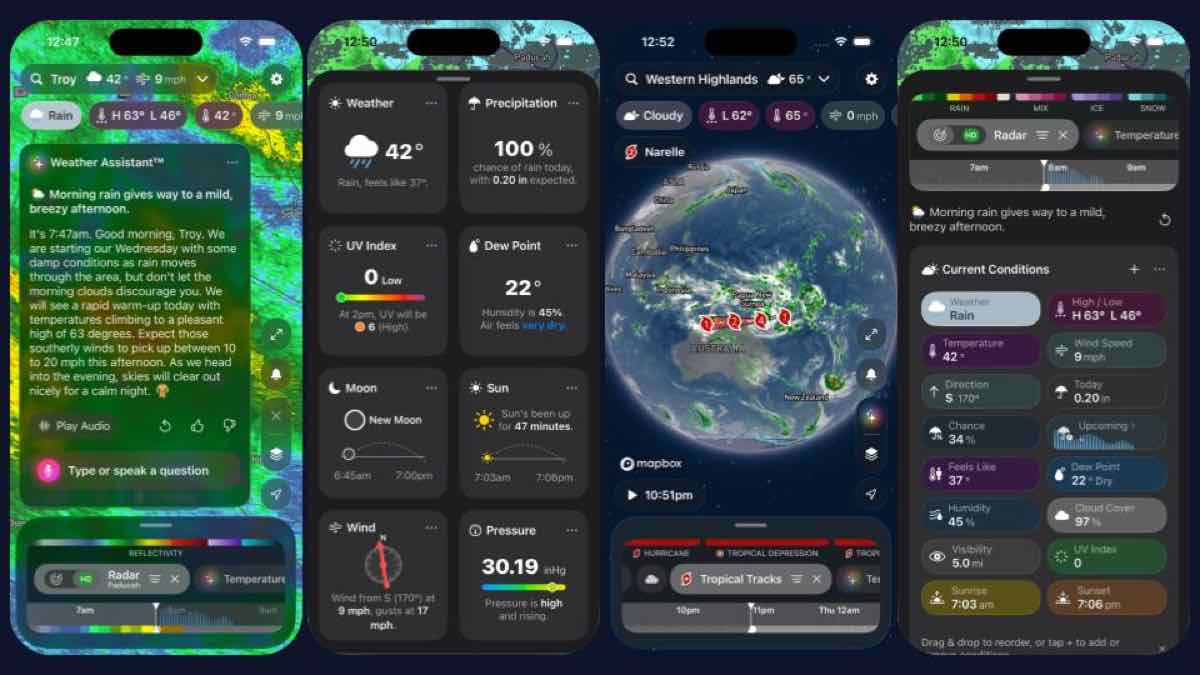 Storm Radar adds route-aware weather alerts to Apple CarPlay – iGeeksBlog Storm Radar iPhone screens showing radar, forecasts, and weather details