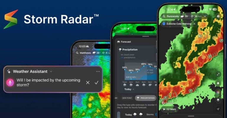 Storm Radar app showing radar maps, weather alerts, and the Weather Assistant
