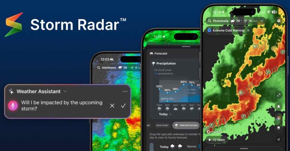 Storm Radar app showing radar maps, weather alerts, and the Weather Assistant