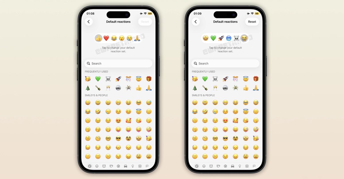 WhatsApp iOS beta screen showing customizable default emoji reactions