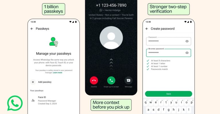 WhatsApp screens show passkeys, unknown caller context, and stronger two-step verification