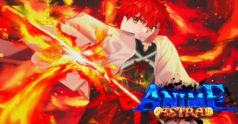 Anime warrior with red hair channels flames, a fiery arc across the scene; 'ANIMA ASTRAL' logo in blue and gold at bottom-right.