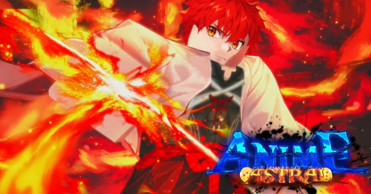 Anime warrior with red hair channels flames, a fiery arc across the scene; 'ANIMA ASTRAL' logo in blue and gold at bottom-right.