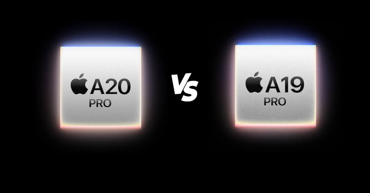 Two Apple Pro chips A20 and A19 facing off with a bold 'VS' between them against a black background.