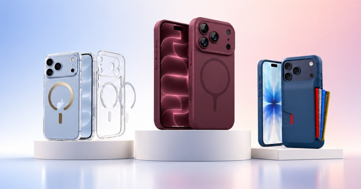 Assorted smartphone cases displayed on white pedestals: a clear MagSafe-style case on the left, a burgundy protective mag-ring case in the center, and a blue wallet case with card slots on the right against a pastel gradient background.