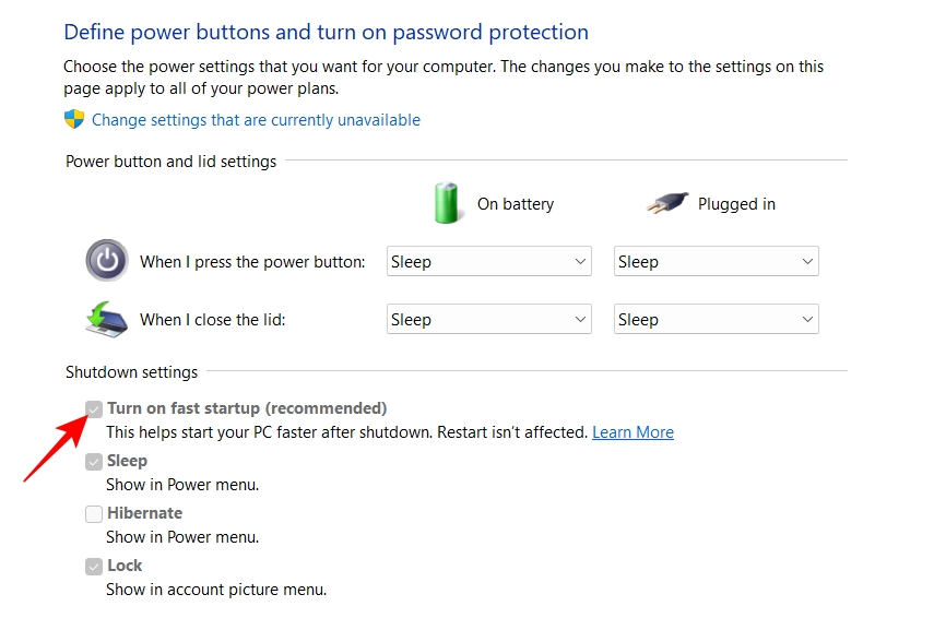 Check if Fast Startup is selected and greyed out