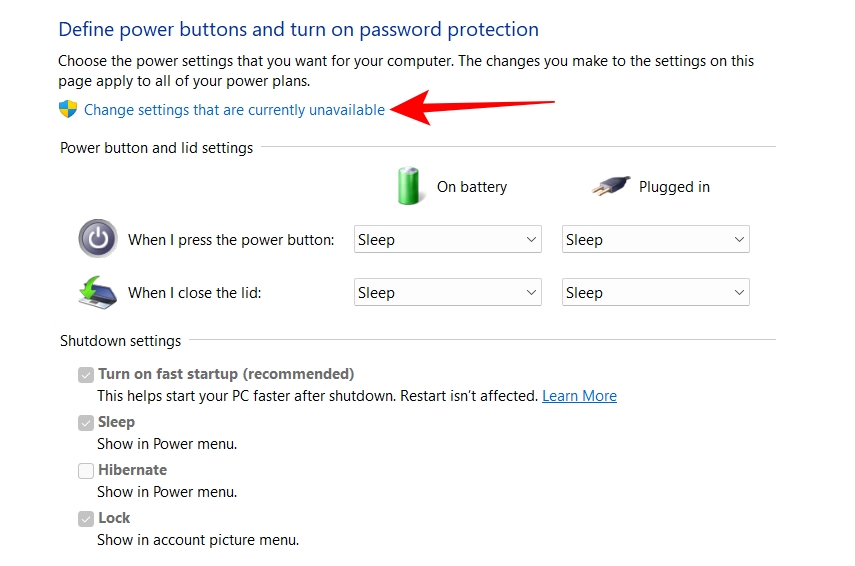 Click Change settings that are currently unavailable