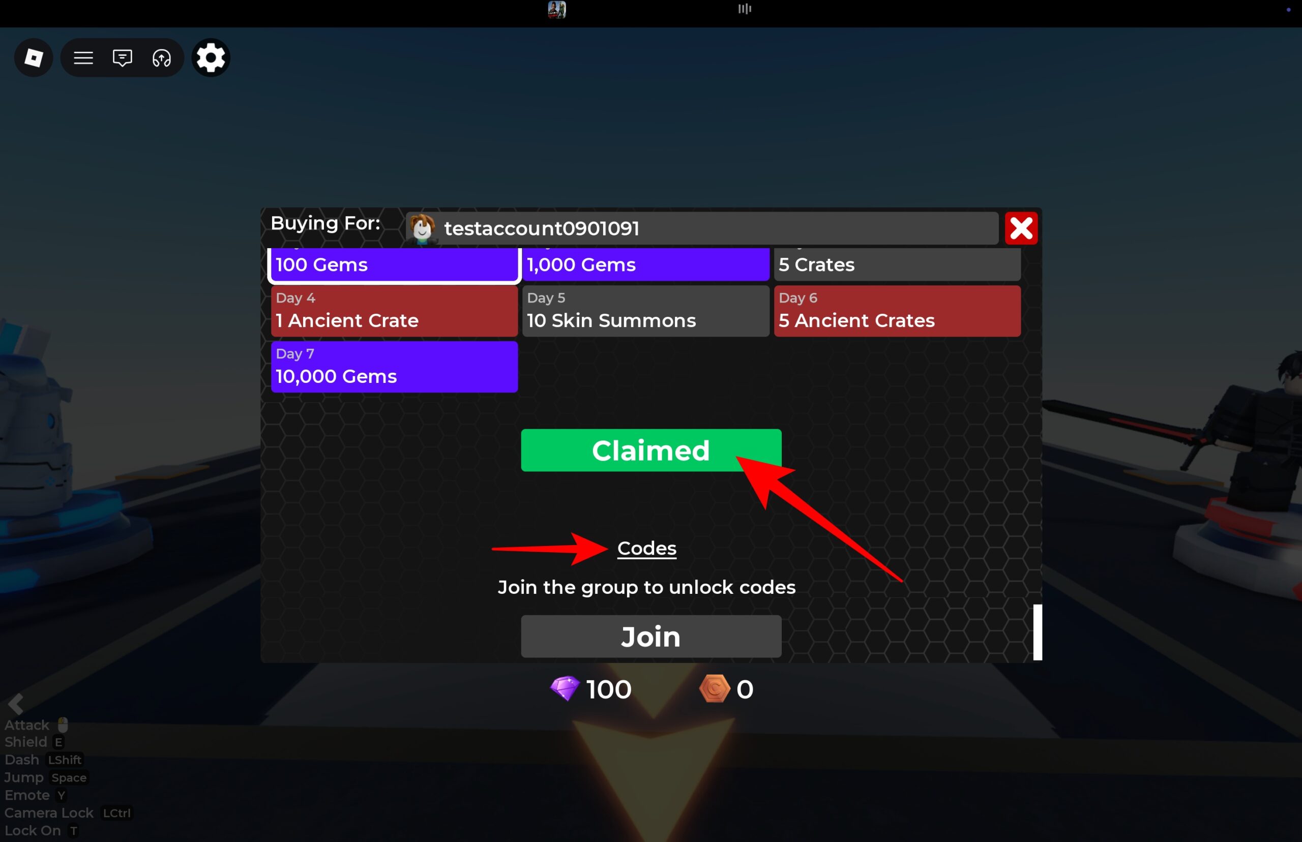 Codes section with Claimed button in the Roblox rewards menu.